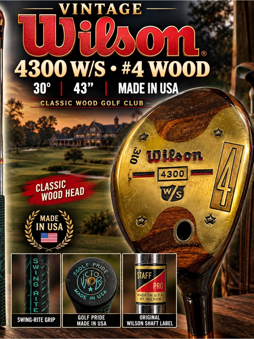 Vintage Wilson 4300 W/S #4 Wood 30° Golf Club 43” Made in USA Golf Pride